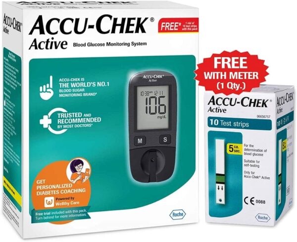 Accu-Chek Active Blood Glucose Glucometer Kit With Vial Of 10 Strips, 10 Lancets And A Lancing Device Free For Accurate Blood Sugar Testing